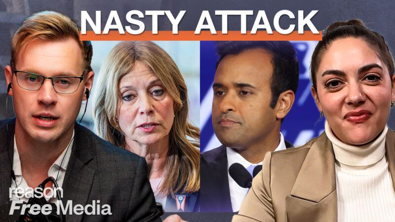 A YouTube thumbnail showing Robby Soave and Amber Duke on a background showing Amy Acton and Vivek Ramaswamy | Illustration: Adani Samat