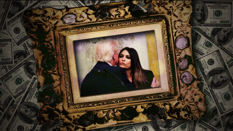 President Donald Trump embraces Kimberly Guilfoyle with a pile of cash under the picture | CNP/AdMedia/Newscom/Altinosmanaj/Gearstd/Dreamstime/Midjourney/Fatima Ruiz