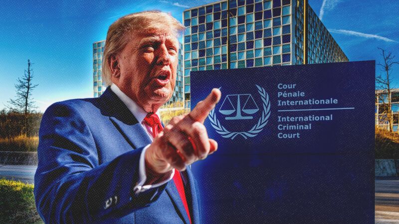 President Donald Trump and the International Criminal Court in the background | Illustration: CNP / MediaPunch / MEGA / Newscom/YBDAN/Newscom/Milos Ruzicka/Dreamstime