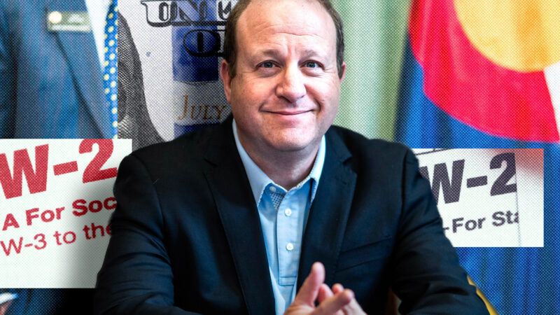 Colorado Governor Jared Polis | Illustration: Adani Samat. Photo: Jesse Paul/ZUMAPRESS/Newscom/Volodymyr Tverdokhlib/Sergey Tolmachyov/Dreamstime.