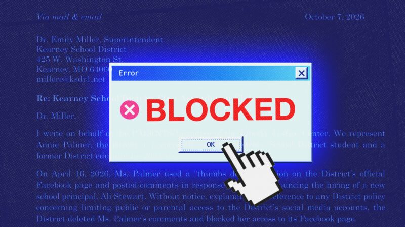 a "BLOCKED" error message superimposed on a letter from the Liberty Justice Center to Kearney School District Superintendent Emily Miller | Liberty Justice Center/Arseniukoleksii/Dreamstime