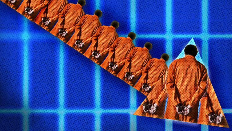 inmates in orange form a downward arrow against a blue background | Photographerlondon/Wuka/Dreamstime/Fatima Ruiz.