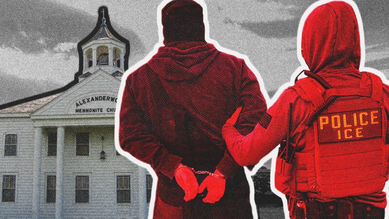 ICE officer detaining a man, picture of a church in the background | Jon Harder/Wikimedia Commons/U.S. Immigration and Customs Enforcement/Flicker