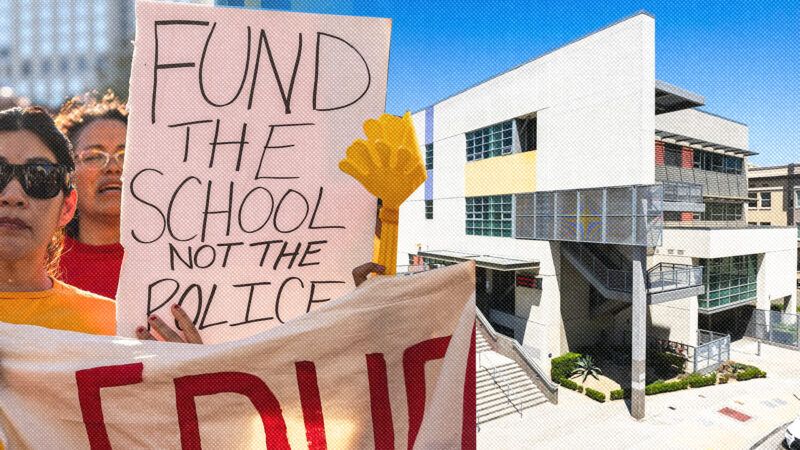 A protestor holding a sign that says 'Fund the school not the police' | Homes.com/Ted Soqui/Sipa USA/Newscom