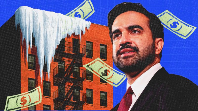 Zohran Mamdani next to a frozen building with money falling | Illustration: Camara Porter/AdMedia / MEGA / Newscom/JGLIT/Newscom/Midjourney