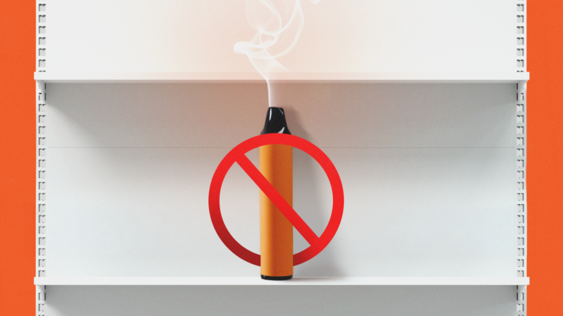 A vape with a ban symbol across it sits on a white shelf against an orange background | Botond Visnyei/Dreamstime/Fox Dsign/user13015019/Magnific/Mariam Zakaidze