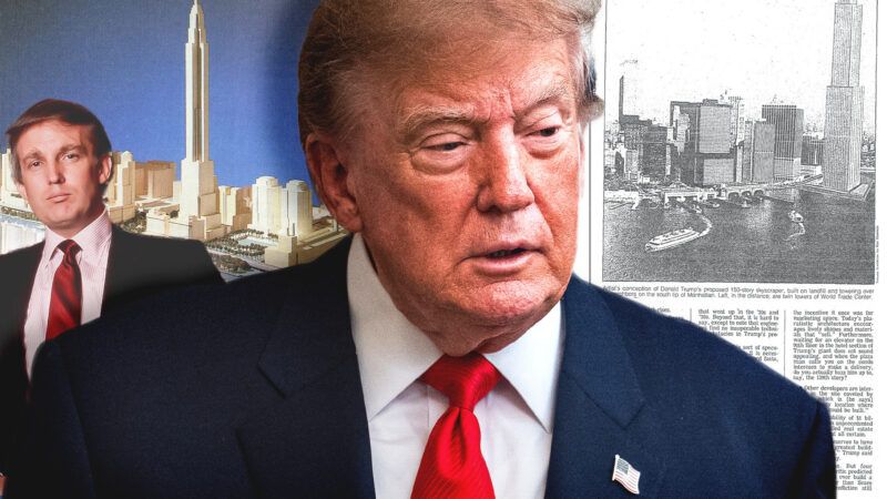 Donald Trump in the 1980s and now against a backdrop of skyscraper renderings | Illustration: Adani Samat | Photo: Album/sfgp/Aaron Schwartz/Pool via CNP/Picture Alliance/Consolidated News Photos/Newscom/Newspaper.com