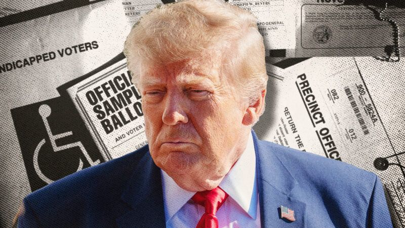 President Donald Trump against a background of California ballots | Andrew Leyden/Zuma Press/Newscom/Joe Sohm/Dreamstime