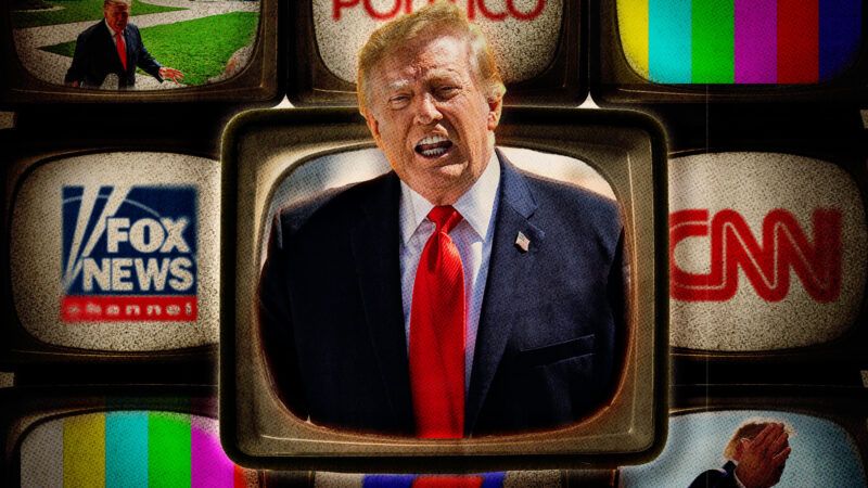 President Donald Trump in a TV set surrounded by the logos of Fox News, CNN, and Politico. | Drx/Photographerlondon/Dreamstime/Matt Kaminsky/ZUMAPRESS/CNP/AdMedia/SIPA/Jemal Countess/UPI/Newscom/Fatima Ruiz