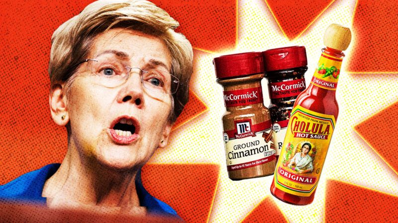 Massachusetts Senator Elizabeth Warren and bottles of condiments | Samuel Corum/Sipa USA/Newscom/Viennetta/Dreamstime/Cinnamonspice241/Wiki Commons/Fatima Ruiz.