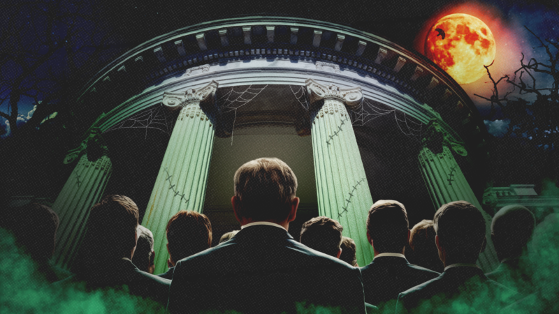Zombies stare up at a depiction of the White House against a dark sky | Jakub Gojda/Igor Skryagin/Dreamstime/youranedopekin/Magnific/Mariam Zakaidze