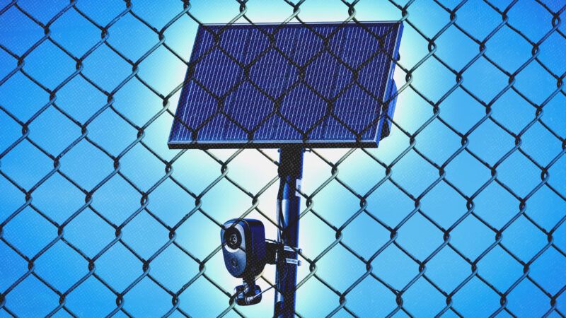 A Flock automated license plate reader on a pole with a solar panel, behind a fence. | Illustration: Feng Yu/Dreamstime/Charles McClintock Wilson/ZUMAPRESS/Newscom
