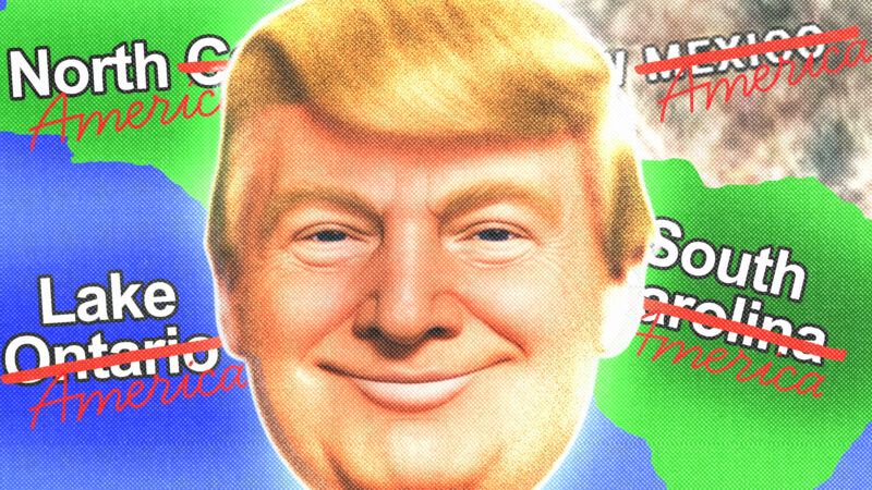 Donald Trump's face is seen next to a map showing North Carolina, South Carolina, Lake Ontario, and New Mexico with their names changed to include "America" | Illustration: Adani Samat/Midjourney