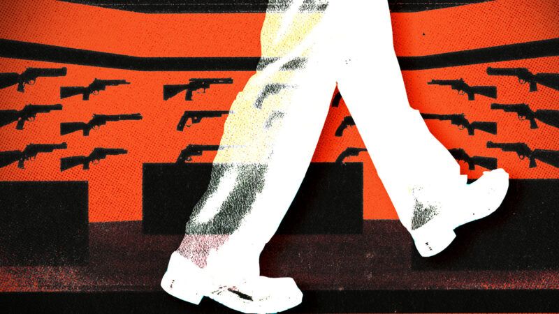 Illustration of legs walking, with guns in the background | Midjourney