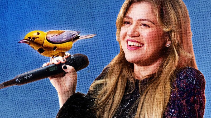 Kelly Clarkson holds a microphone as Molly, the animatronic bird from Art of Play, perches on her hand | Lev Radin/Sipa USA/Newscom