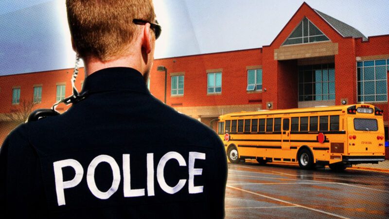 An illustration of a police officer standing in front of a school bus and a school | Luckydoor/Tom Dowd/Dreamstime
