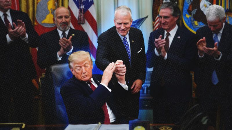 President Donald Trump holds Sen. Dan Sullivan's (R–Alaska) hand in the Oval Office, surrounded by other people. | Illustration: YURI GRIPAS/UPI/Newscom