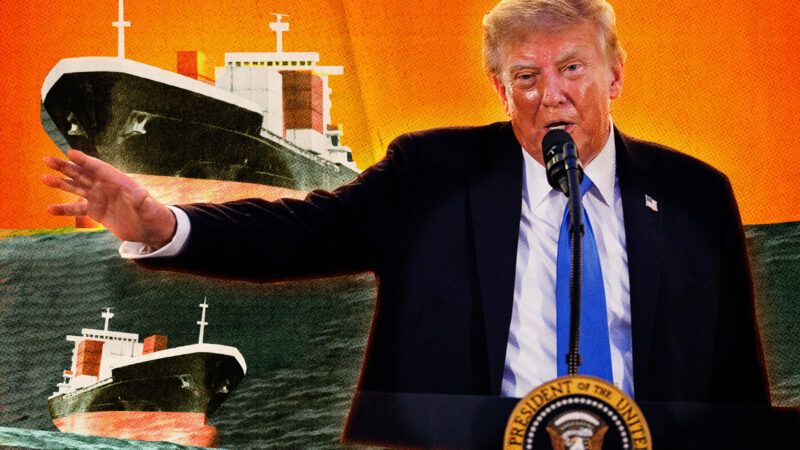 President Donald Trump with cargo ships in the background | AdMedia/MEGA/Newscom/JGLIT/Newscom/Midjourney