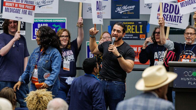 topicspolitics2 | Photo: Senate candidate Abdul El-Sayed speaks at the Michigan Democratic Party endorsement convention in Detroit on April 19, 2026; Andrew Roth/Sipa USA/Alamy