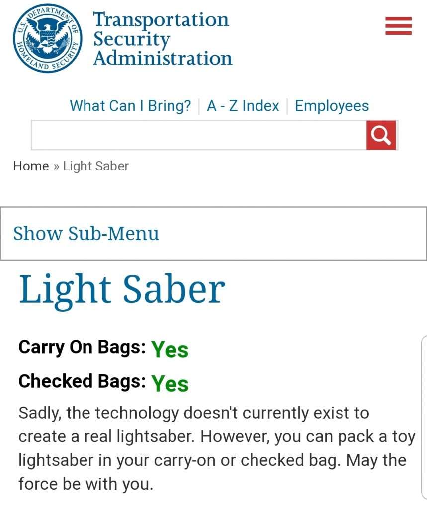 Screenshot from TSA.gov