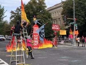 Protesters chained atop a barricade of cardboard flames in D.C. claim that polar bears are on fire.