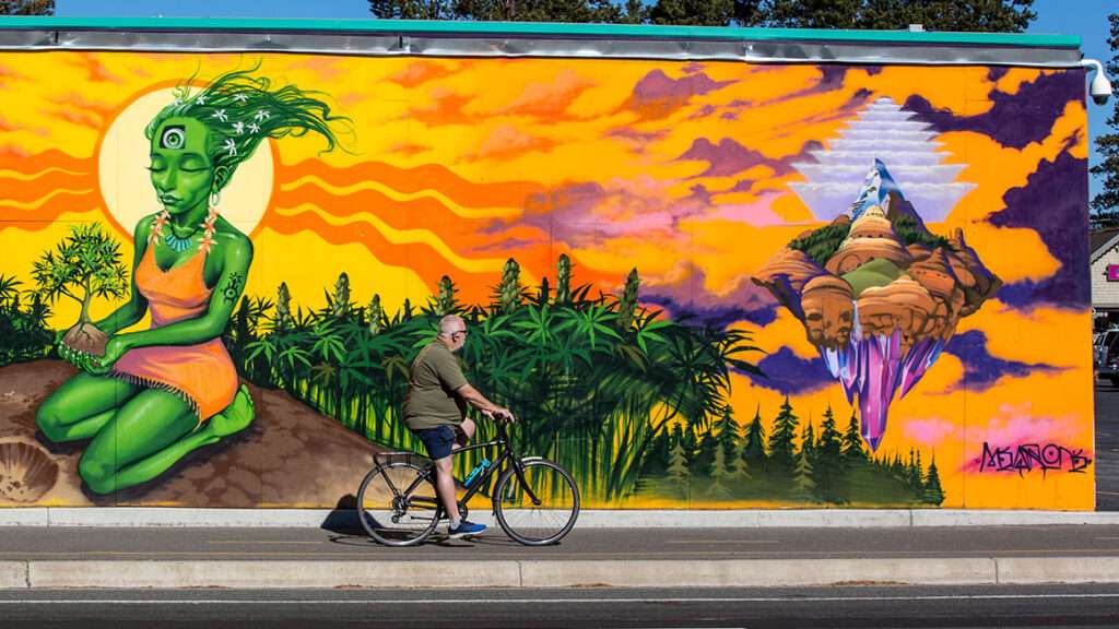 Photo: A mural on the side of a marijuana dispensary along Highway 50 in South Lake Tahoe, California; George Rose/Getty