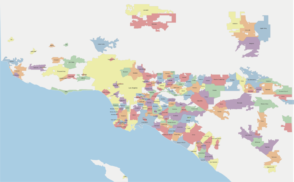 A map showing municipal governments in the Los Angeles area