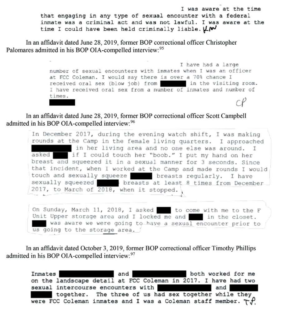 A screenshot of a redacted document detailing sexual abuse by a prison guard