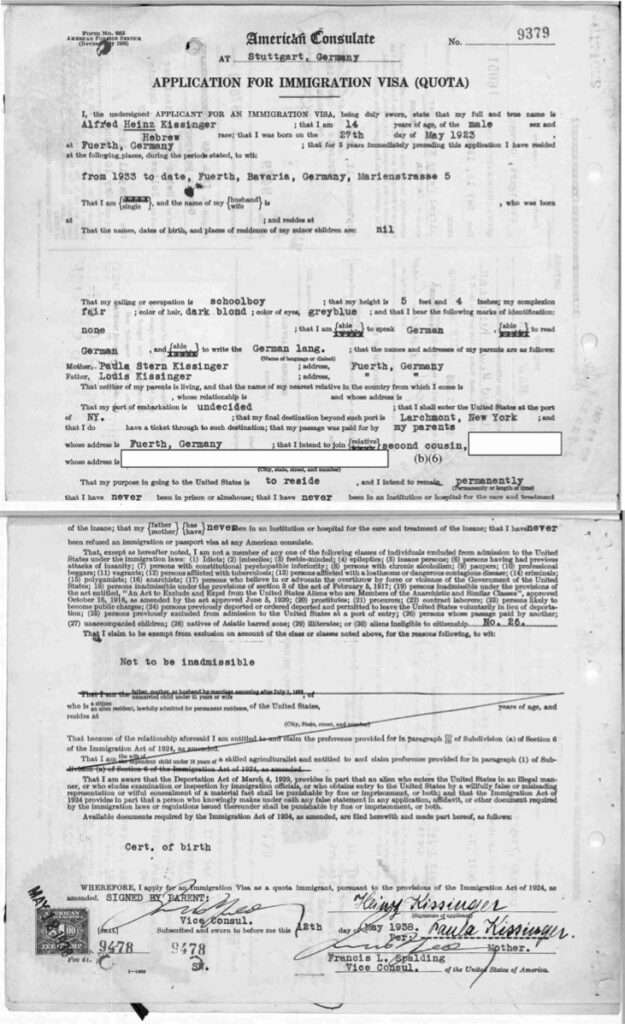 Henry Kissigner's 1938 visa application.