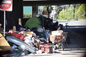 Homeless encampment under an overpass in Oakland, California.