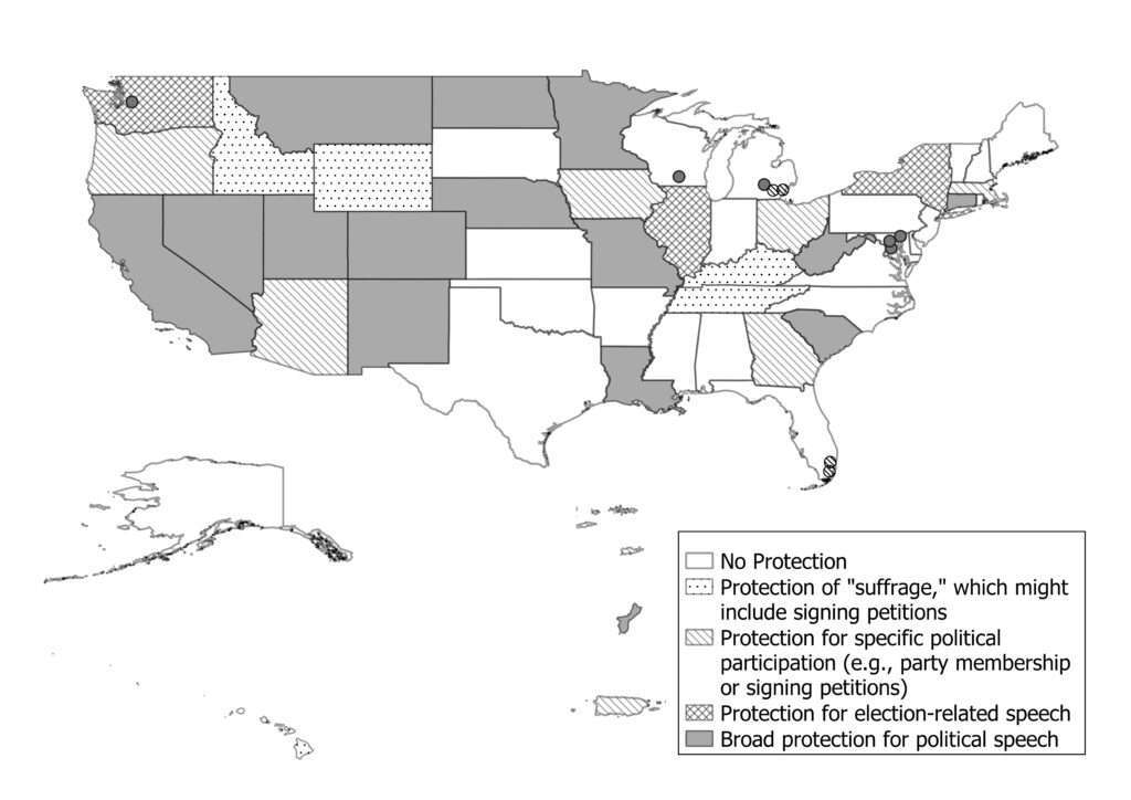 Map of statutory private employee speech protections throughout the country.