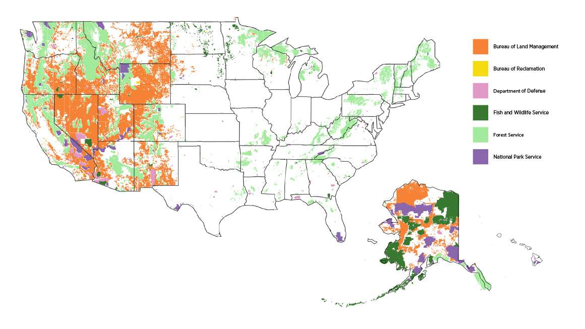 A map of the United States showing areas owned by various federal entities | Esri, Bureau of Land Management, Department of Defense, National Park Service, U.S. Fish and Wildlife Service, U.S. Forest Service