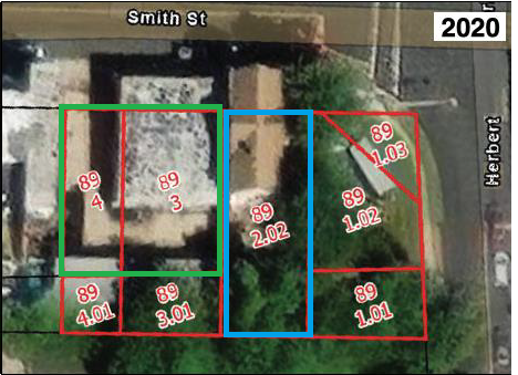 City's mapping of Romero's (green outline) and Meerzon's (blue outline) property lines shows their buildings many feet into the public right-of-way and blocking vacant land in the rear.