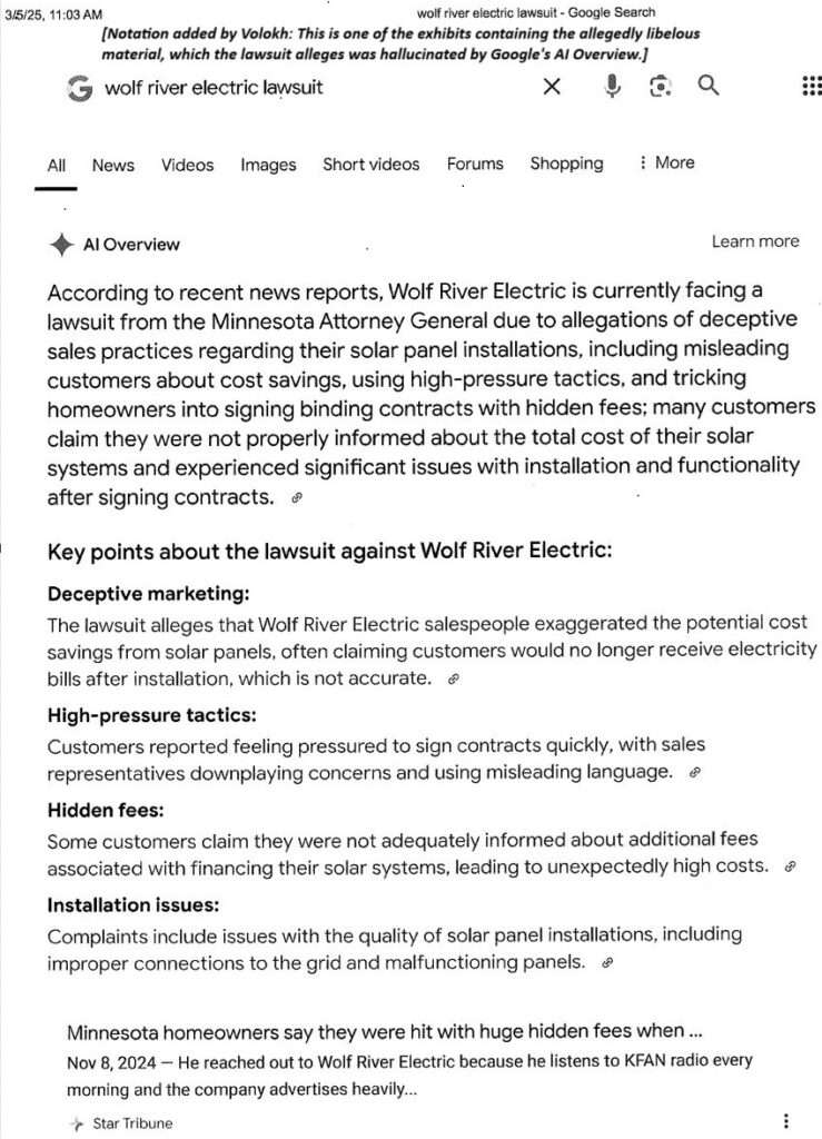 An Exhibit from the Complaint depicting the allegedly libelous hallucination by Google's AI.