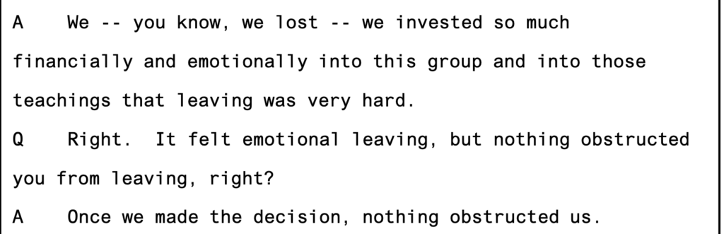 Neria on her and Misha leaving OneTaste | screenshot from trial transcript