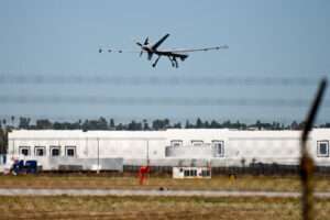 A General Atomics MQ-9 Reaper drone practices landings at March Air Reserve Base on Thursday, Aug 17, 2023 in Moreno Valley, Calif.
