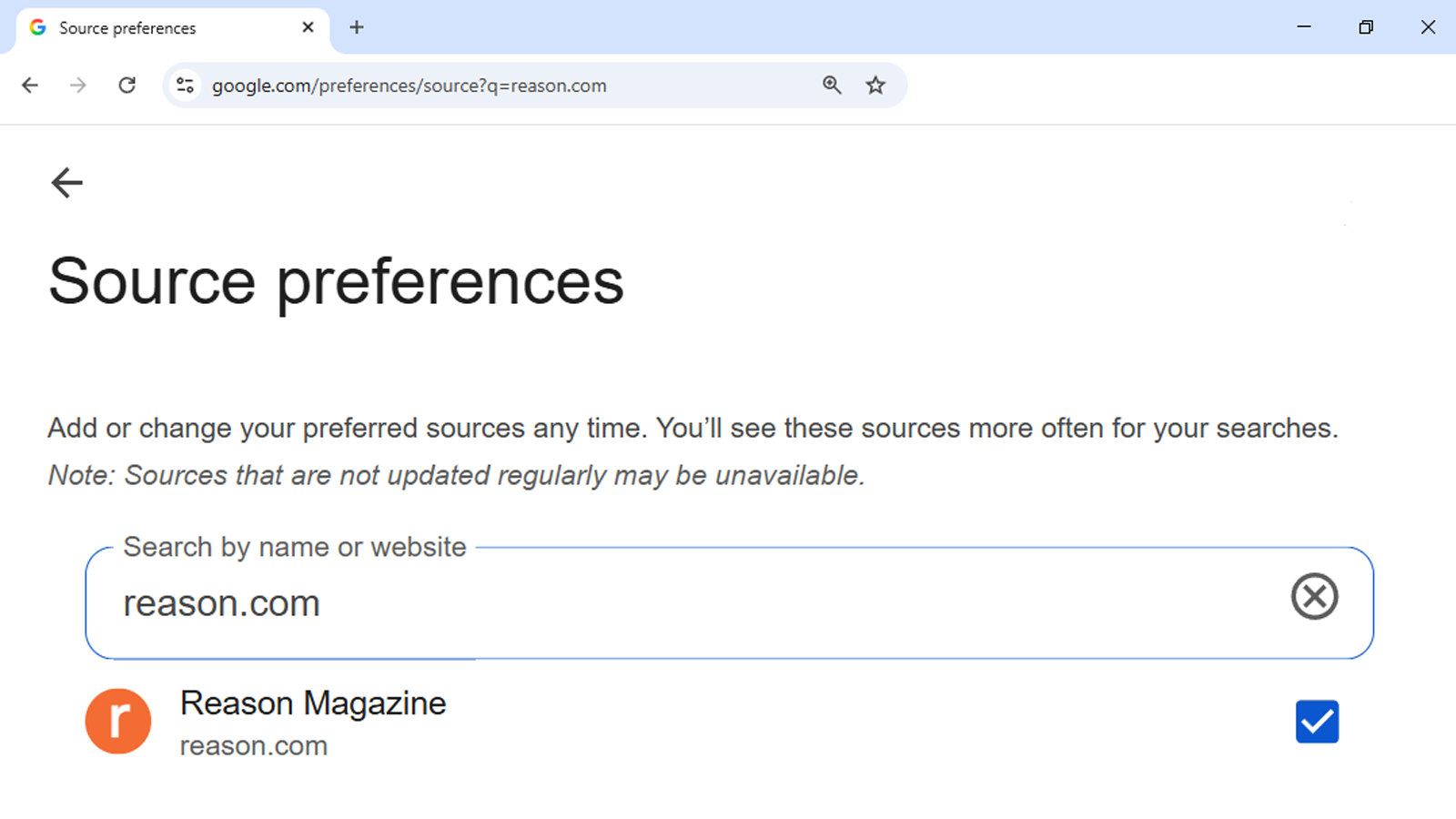 A screenshot of Google source preferences, showing how to select reason.com