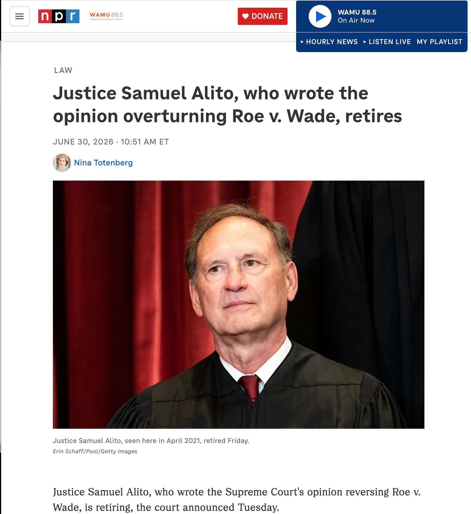 NPR Announces, and Retracts, Alito Retirement Story