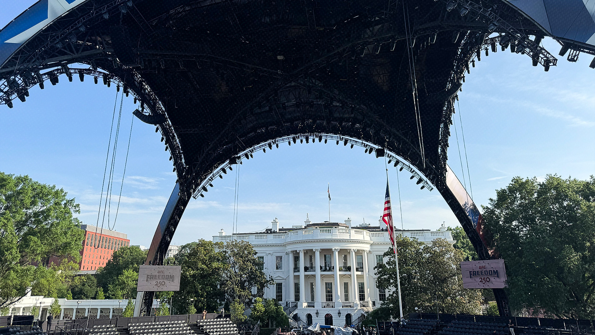 A photo of the UFC Freedom 250 event site with the White House in the background
