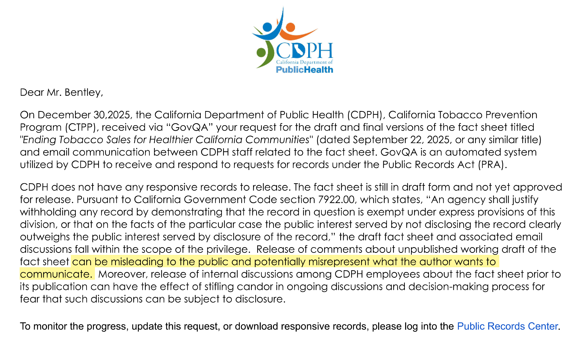 Screenshot of an email with the highlighted text "can be misleading to the public and potentially misrepresent what the author wants to communicate."