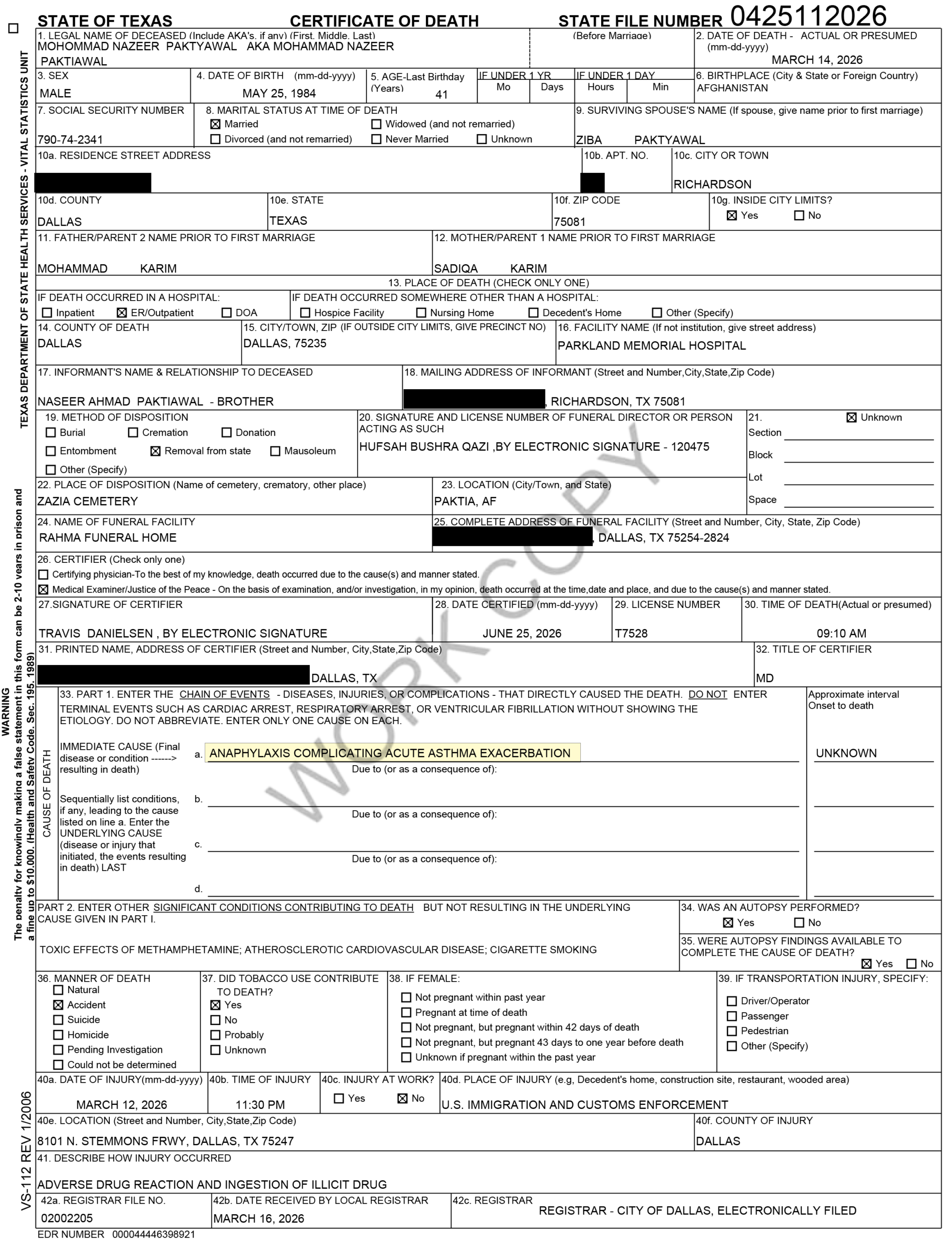 Death certificate for Mohammad Nazeer Paktiawal