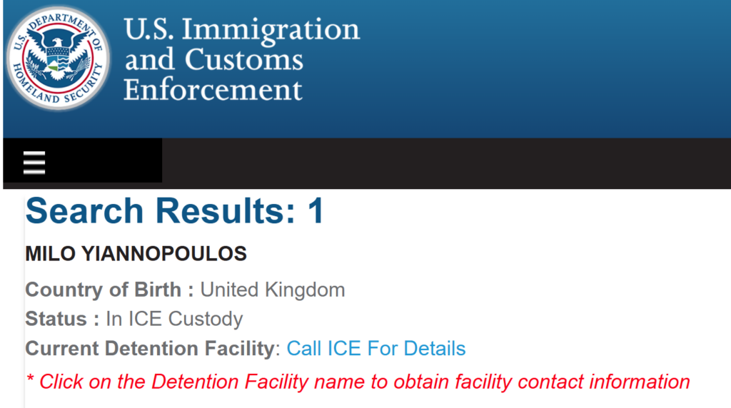 A screenshot of the ice.gov website showing Milo Yiannopoulos as a detainee