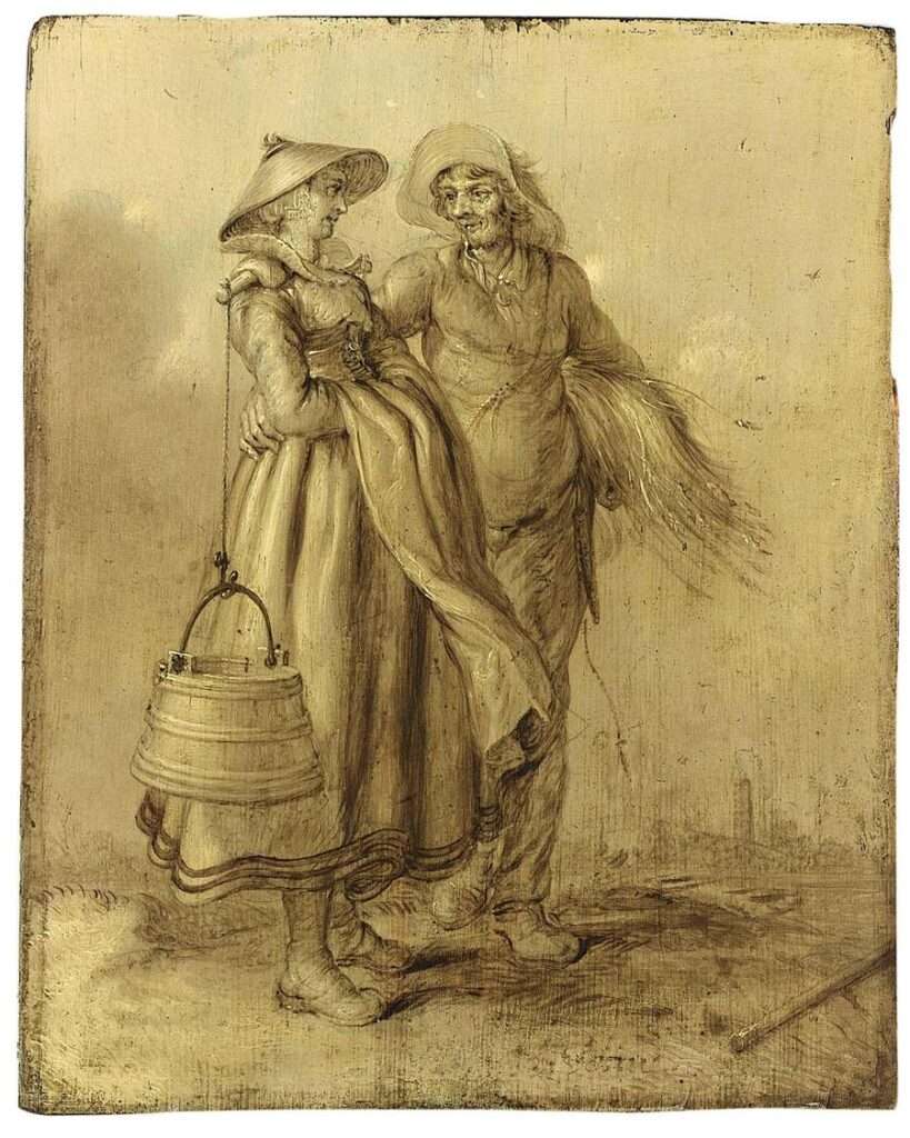 A black and white drawing of a man and woman, both wearing hats, talking to each other performing farming duties.