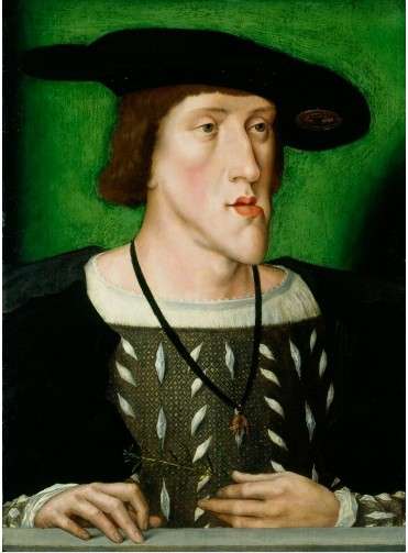 Against a green backdrop, a painting of a man with a large protruding chin and a long nose, wearing a black hat.