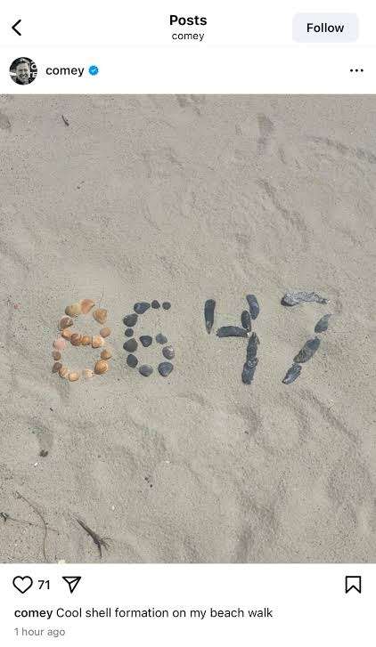 An Instagram post by James Comey showing shells laid out to signify '86 47'