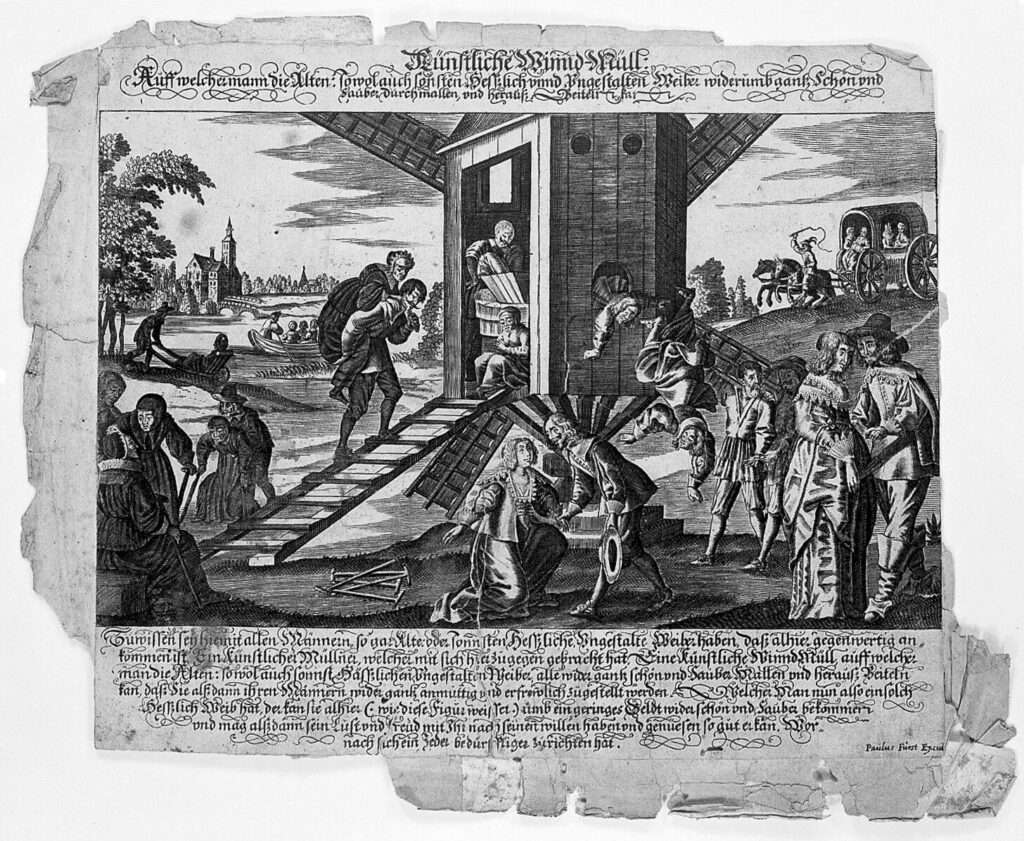 A black and white drawing, circa 1650, of husbands carrying their wives up steps into a windmill to be transformed.