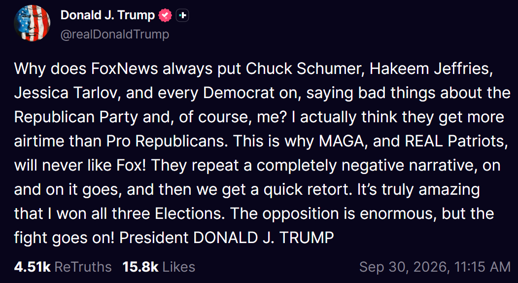 A screenshot of a Truth Social post by Trump, criticizing Fox News for showing Democrats