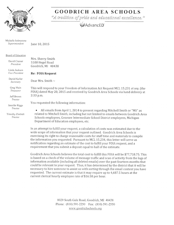 FOIA response from Goodrich Area Schools