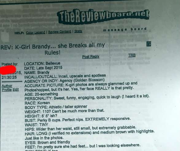 A sample escort review on TRB, provided in KCSO charging documents