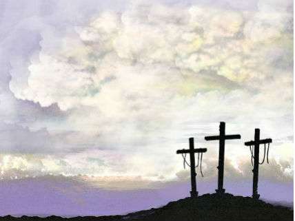 Three crosses on a hill.